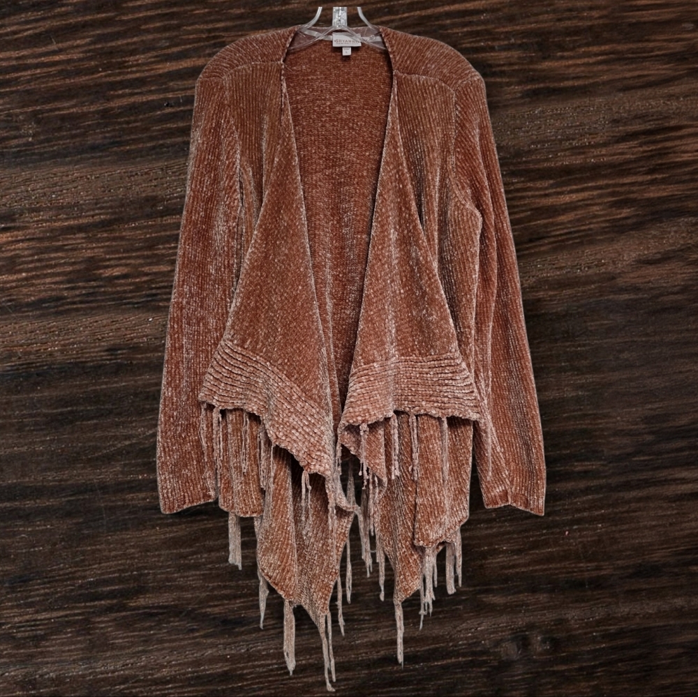 Shyanne Rust Brown Chenille Open-Front Fringe Cardigan